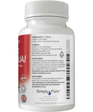 Simply Pure Organic Vegan Dong Quai Capsules x 90 100% Natural Soil Association Certified 500mg, Gluten Free, GM Free - Buy Online on GoSupps.com