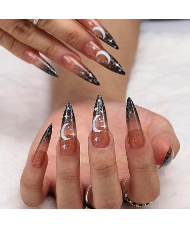 Acenail Glitter Glossy Moon Star Extra Long Stiletto Press on Nails - 24Pcs French Clear Ombre False Nails with Rhinestone Designs for Women and Girls - Buy Online on GoSupps.com