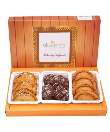 Ghasitaram Gift Holi Sweets Holi Gifts Holi Hamper Assorted Box of Traditional Dry Sweet and Chocolate Gujiyas |Gift for Diwali Holi Rakhi Valentine Christmas Birthday Anniversary Her Him|