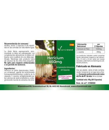 Hericium Powder 650 mg - 60 Capsules Functional Vital Fungus Adaptogen Highly Dosed Vegan | Vitamintrend  - Buy Online on GoSupps.com