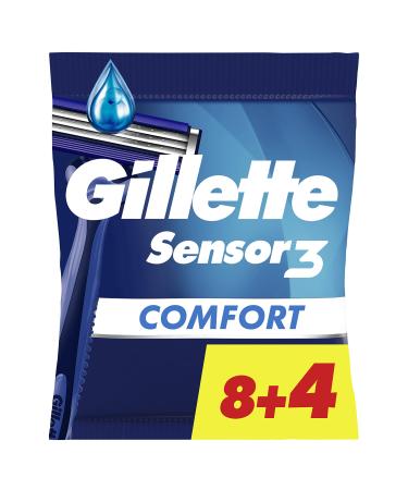 Gillette Sensor3 Comfort Disposable Razors for Men with Lubricating Strip Pack of 8+4