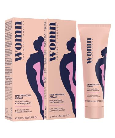 womn womn Hair Removal Cream 2 Pack (2 x 100 ml) - Gentle Hair Removal for Intimate Area Bikini and Armpits - No Cuts or Shaving