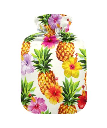 Hot Water Bottles with Cover Hawaiian Pineapple Flowers Hot Water Bag for Pain Relief Period Cramps Feet and Bed Warmer 2 Liter