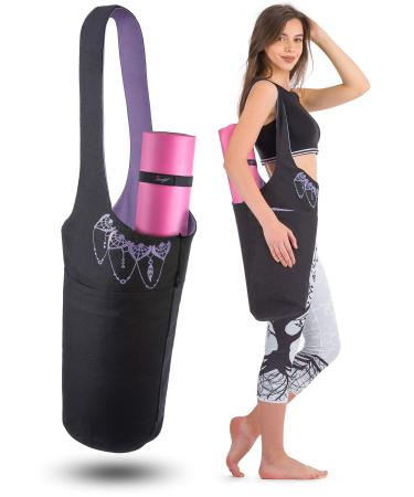 Zenifit Yoga Mat Bag - Long Tote with Pockets - Holds More Yoga Accessories. Cute Yoga Mat Holder with Bonus Yoga Mat Strap Elastics. Stylish and Practical Yoga Mat Bags and Carriers for Women Black & Lavender Purple