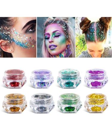 8 Boxes Makeup Face Body Glitter  6 Colors Loose Holographic Cosmetic Chunky Glitter for Halloween  Face  Eye  Body  Hair  Nail and Other Occasions Decoration (Without Glue) 8 Colors Glitter