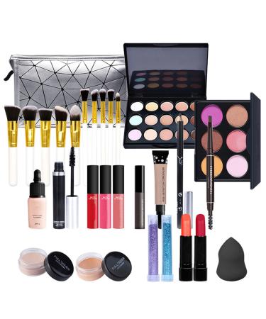 All In One Makeup Kit Full Kit 29Pcs Multi-purpose Makeup Kit Makeup Gift Set for Women Beginners Makeup Essential Starter Kit Lip Gloss Concealer Foundation Eyeshadow Palette Makeup Brush KIT007#