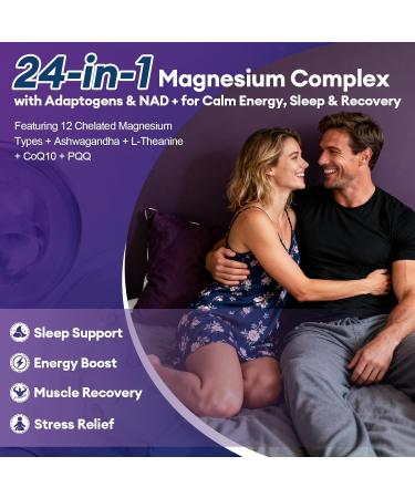 Magnesium Complex with Ashwagandha L-Theanine & NAD+ | 24-in-1 Chelated Blend with Glycinate Malate Citrate & More | Supports Calm Energy Muscle & Sleep | Non-GMO 120 Vegan Capsules - Buy Online on GoSupps.com