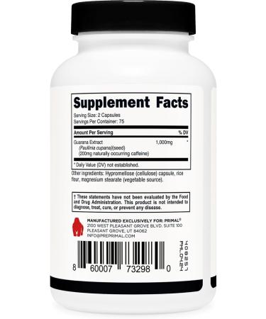 Primal Guarana 1000 MG - 150 Capsules | Natural Caffeine Boost for Energy & Focus - Buy Internationally - Buy Online on GoSupps.com