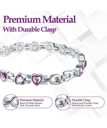 Jecanori Lymphatic Drainage Magnetic Bracelet for Women - Purple Titanium Steel Wristband with Cubic Zirconia Heart and Gift Box - Buy Online on GoSupps.com