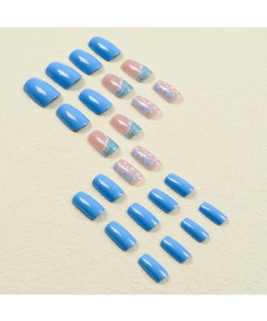 OKAQEE Almond Solid Blue Gold Fake Nails - Short Square False Nails with Glue - Buy Online on GoSupps.com