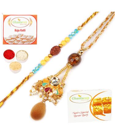 Ghasitaram Gifts Rakhis Online - Rakhi for Brother- RM-166 Bhaiya Bhabhi Rakhi with 200 GMS of Besan Barfi and 200 GMS of Kaju Katli Rakhi Set with 200 gms of Besan Barfi & Kaju Katli