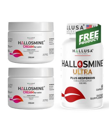 Hallosmine Vein Support Cream 4oz 2 Jars + Free Hallosmine Ultra Diosmin 500mg & Hesperidin 150mg Circulation & Vein Support | Varicose Veins cream for Leg Circulation Spider Veins & Hemorrhoids