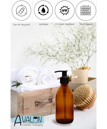 Avalon Amber Glass Bottles 250ml 8oz Soap Dispenser with Black Pumps (BPA-Free) Lotion Pump/Soap Dispensers Reusable Refillable Eco Friendly Sustainable Living/Gift - Pack of 2 - Buy Online on GoSupps.com