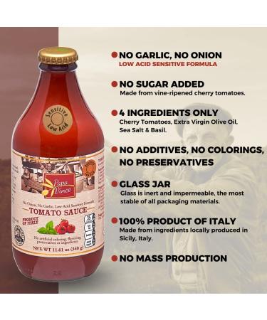 Papa Vince Low Acid Tomato Sauce - No Onion/Garlic/Sugar - Fresh Sicilian Recipe, 11.6 oz (4 Pack) - Buy Online on GoSupps.com
