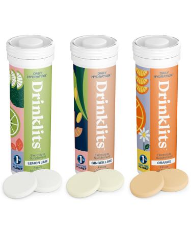 Drinklits Daily Hydration Variety Pack (3) Tube Bundle | Ginger-Lime + Lemon-Lime + Orange | Delicious Natural Flavors - 0g Sugar Travel-kit Essential | 30 Servings - 10 Tablets Per Tube