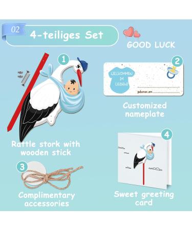 Handcrafted Wooden Birth Stork Set - Blue Baby Announcement - Includes Name Tag & Greeting Card - Perfect Gift for Newborns - Indoor & Outdoor Decor - Buy Online on GoSupps.com