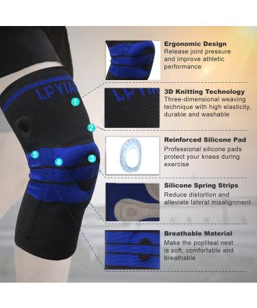 Knee Brace Compression Sleeve - Support for Arthritis Running Basketball | Side Spring & Silicone Pad - XXL (Black-Blue - Buy Online on GoSupps.com