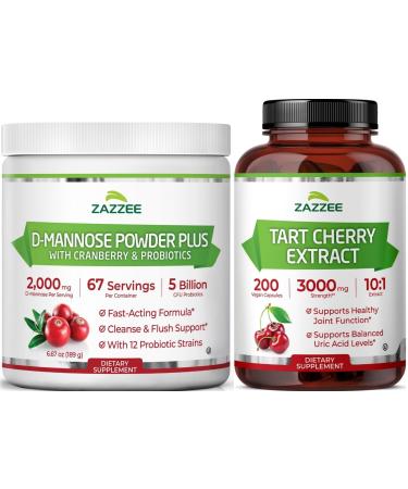 Zazzee Kidney Bladder & Urinary Tract Support Bundle | Super Concentrated Tart Cherry Extract Capsules Plus D Mannose with Cranberry Probiotics for Women | Non-GMO Vegan & ISO Lab Tested