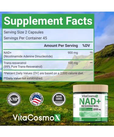 VitaCosmoX NAD+ with Resveratrol Similar to Nicotinamide Riboside Supplement 1000 mg 90 Capsules Vegan Non-GMO - Buy Online on GoSupps.com