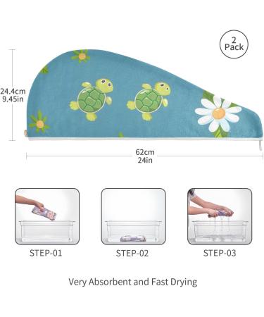Super Absorbent Cartoon Cute Turtles & Daisies Hair Towel 2 Pack | Quick Dry Hair Turbans for Women & Girls - Buy Online on GoSupps.com