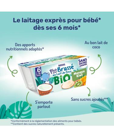 Nestl - P tit Brass BIO Mangue Kiwi au Lait de Coco - Alimentation B b 6 Mois et Plus - Dessert B b au Lait de Coco - Aternative V g tale - Sans Sucres ajout s - Produit en France - 4 x 90g 4x90g (Lot de 4) - Buy Online on GoSupps.com