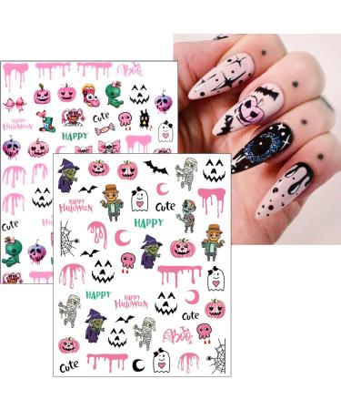 Pink Halloween Nail Stickers 10 Sheets Self-Adhesive Nail Decal Ghost Skull Witch Spider Pumpkin Nail Art Decoration Design Supplies - Buy Online on GoSupps.com