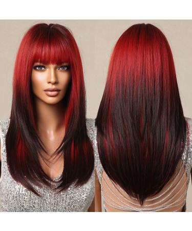 Allbell wig women red black wig for women long straight wig with pony natural hair synthetic cosplay wig black with red 2120-1