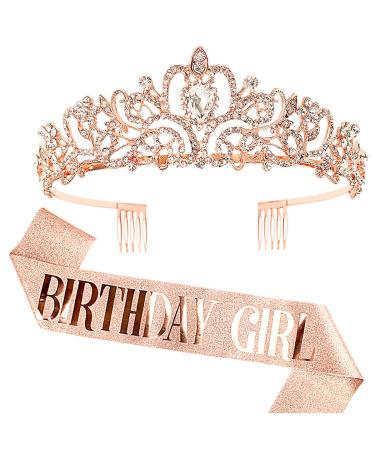 COCIDE Birthday Girl Sash & Rhinestone Tiara Set Birthday Sash and Tiara for Women Birthday Decoration Kit Rhinestone Headband for Girl Glitter Crystal Hair Accessories for Birth Party 4 Rose Gold