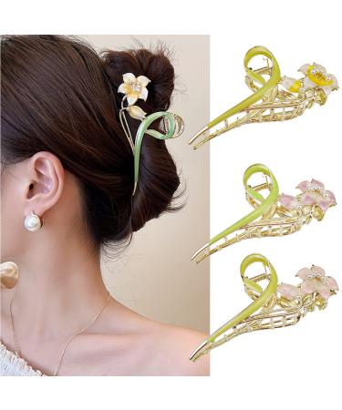 Lily Hair Claw Clips with Pearl for Women 3PCS Flower Hair Claw Large Tulip Orchids Non-Slip Strong Metal Hair Clips Hold Hair Acetate Jaw Clips Hair Accessories for Thick Hair(Purple Pink Yellow) Lily with Pearl