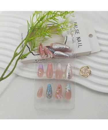 French Tip Press on Nails - 24 Pcs Almond Acrylic Nails with 3D Butterfly & Flower Charms - Glossy Summer Glue on Nails for Women - Buy Online on GoSupps.com