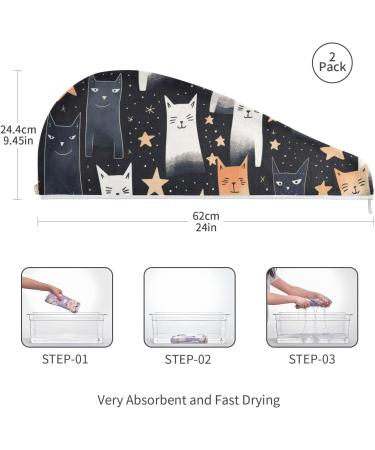 Cute Cats Stars Hair Towel 2 Pack - Super Absorbent Quick Dry Hair Turbans for Women & Girls | Perfect Hair Drying Solution - Buy Online on GoSupps.com