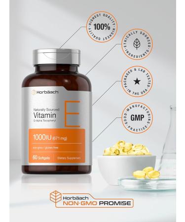 Horb ach Vitamin E 1000 iu Softgels | 671mg | 60 Count | Non-GMO and Gluten Free Naturally-Sourced Formula | D-Alpha Tocopherol - Buy Online on GoSupps.com