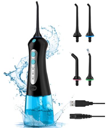 Cordless Water Flosser for Teeth Professional Water Teeth Cleaner Picks Dental Oral Irrigator with 3 Modes & 4 Jet Tips for Braces Gums, IPX7 Waterproof, 300ml Detachable Tank for Home Travel Black