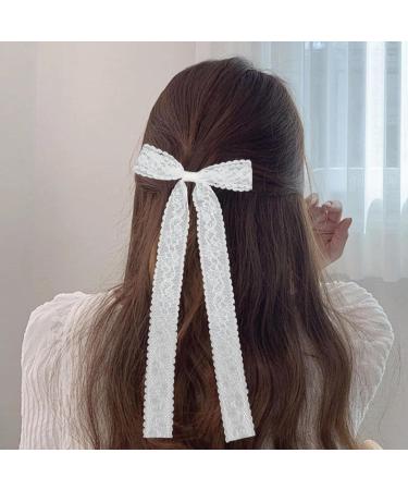 6pcs Lace Hair Bow for Women Girls Tulle Lace Bows for Hair with Long Ribbon White Lace Bow with Metal Clips for Party Birthday Wedding Festival - Buy Online on GoSupps.com