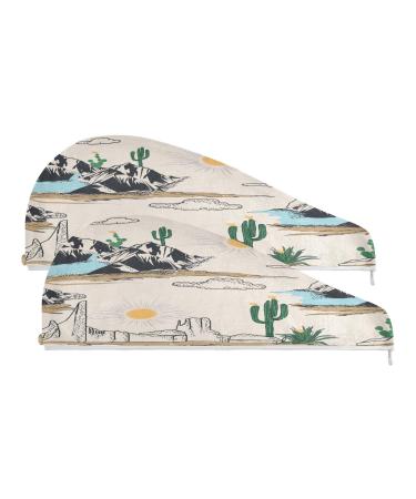 Western Desert Landscape Dry Hair Cap 2 Piece Quick Drying Towel Set with Button Headband Super Absorbent Soft & Comfortable