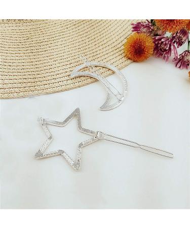Silver Rhinestone Crystal Geometric Stars Moon Hair Clip Set - Fashion Woman Hollow Side Barrettes Hairpin Accessories - Buy Online on GoSupps.com