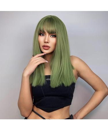Pretfy Green Wig for Women 16 Natural Middle Length Straight Wig with Hair Bangs - Grass Green Wig for Cosplay & Halloween - Heat Resistant Synthetic Hair - Short-2 (Green) - Buy Online on GoSupps.com