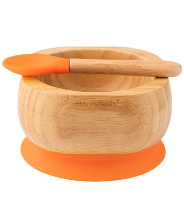 eco rascals Natural Bamboo Bowl and Spoon for Baby Toddler | Baby Suction Bowl | Stay Put Feeding Bowl and Spoon Set for Weaning | Detachable Suction Base | BPA Free | (Orange) Orange Bowl