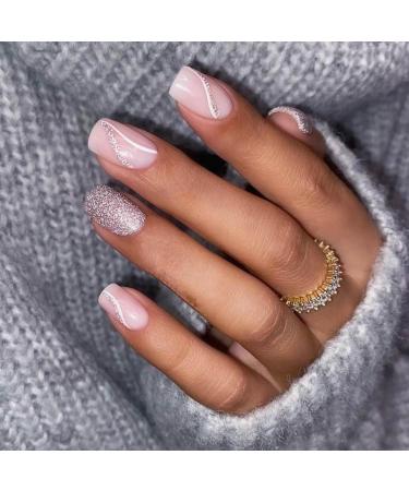 SINLOV Short Square Fake Nails Glossy Press on False Nails Pink Nude Ballerina Artificial Finger Nails French Full Cover False Nails for Women and Girls