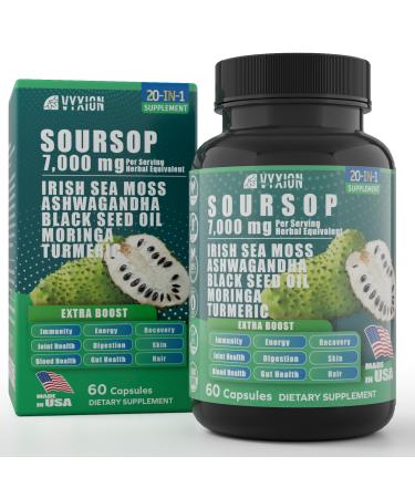 Soursop Graviola Supplement with Sea Moss, Moringa, Turmeric, Black Seed Oil, Oregano, Ashwagandha | 20-in-One Herbal extracts for Overall Health-Enhancing | Vegan, Non-GMO | 60 Capsules