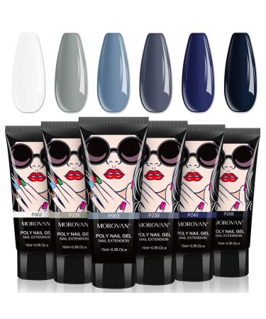 Morovan Poly Gel Extension Nail Kit - 6 Colors Poly Nails Builder Gel for Beginner Professional Poly Nail Gel Kits Starter Kit Black Blue Poly Gel Color Packs DIY Salon at Home Grey Black Blue