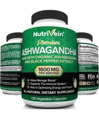 Nutrivein Organic Ashwagandha 1600mg with Black Pepper - 120 Vegan Pills for Stress Relief & Energy Boost - Buy Online on GoSupps.com