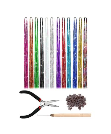 Tinsel Hair Extensions Kit 12 Colours 2400 Glitter Hair Strands Fairy Colour Hair Extension Kit with Crochet Hook 200 Micro Silicone Ring Beads and Tweezers for Parties Holidays & Birthdays