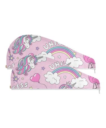 Running Bear unicorn flamingo rainbow colorful microfiber hair towel wrap quick -dry hairy for children girls women 2 pieces 24 x 61 cm
