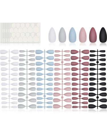 144 Pieces Short Matte Press on Nail Full Cover Fake Nails 6 Solid Colors Stiletto Fake Nails Almond False Nails Artificial Nails with 6 Sheets Adhesive Tabs for DIY Nail Art (Deep Color)