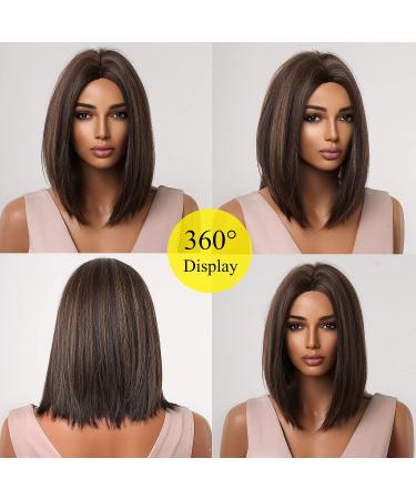 Allbell Brown Bob Wig with Blonde Highlights - Short Straight Synthetic Hair Middle Part for Women - Buy Online on GoSupps.com