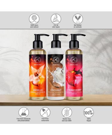 Sensual Massage Oil - Vanilla Coconut & Strawberry - Edible Body Massage Oil with Almond & Grape Seed Oil | Relaxation & Intimacy (3x200ml) - Buy Online on GoSupps.com