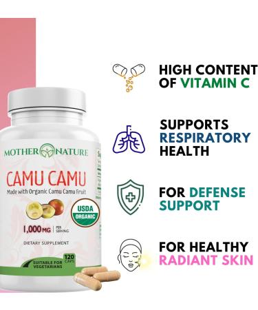 Organic Camu Camu Vitamin C Capsules 1000mg - Immune Support & Anti-Aging Supplement - Vegan Non-GMO - 120 Count - Buy Online on GoSupps.com