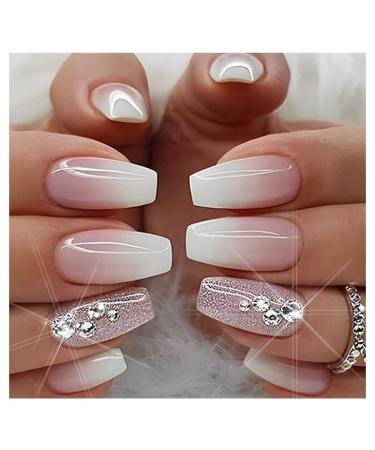 24Pcs Pink Press on Nails Short Glossy Gradient Fake Nails False Nails with Rhinestones Designs Glitter Powder Glue on Nails Artificial Acrylic Nails Office Home Stick on Nails for Women Girls Medium coffin-7