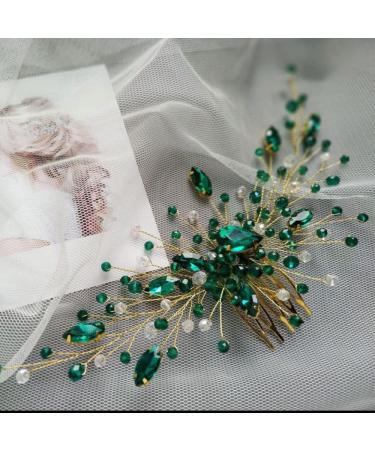 Teyglen Bridal Wedding Gold Hair Comb with Green Rhinestones - Crystal Side Hair Accessory for Women and Girls - Buy Online on GoSupps.com